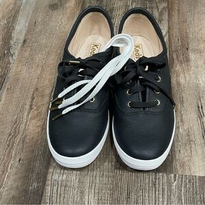 Keds Women's Champion Luxe Black Leather Sneakers, Rare 14K Gold Eyelet 6.5-NWOT